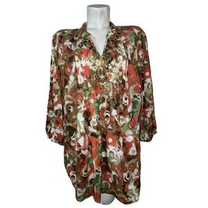 JM Collection Woman Plus Size 16W Tunic Top Beaded V-Neck Floral Cotton Boho
